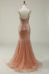 Meerjungfrau Spaghetti Träger Blush Pailletten langes Ballkleid